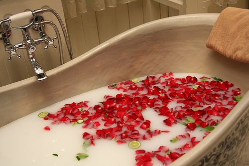 milk bath with rose petals