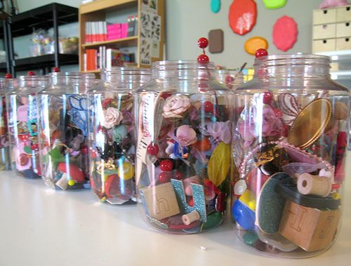organizing craft supplies with recycled jars