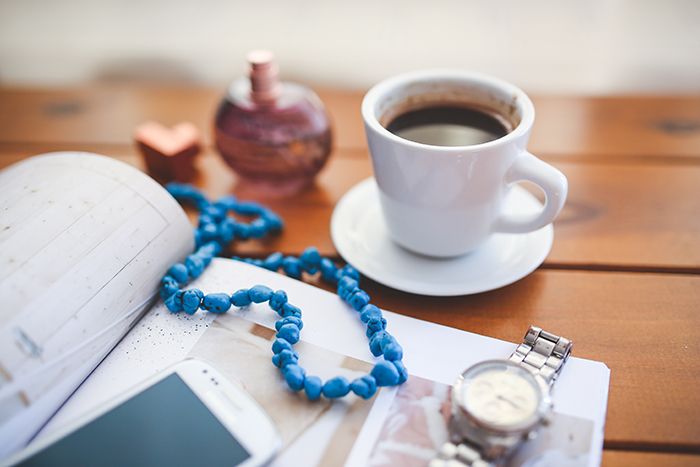 watch, necklace, coffee, phone